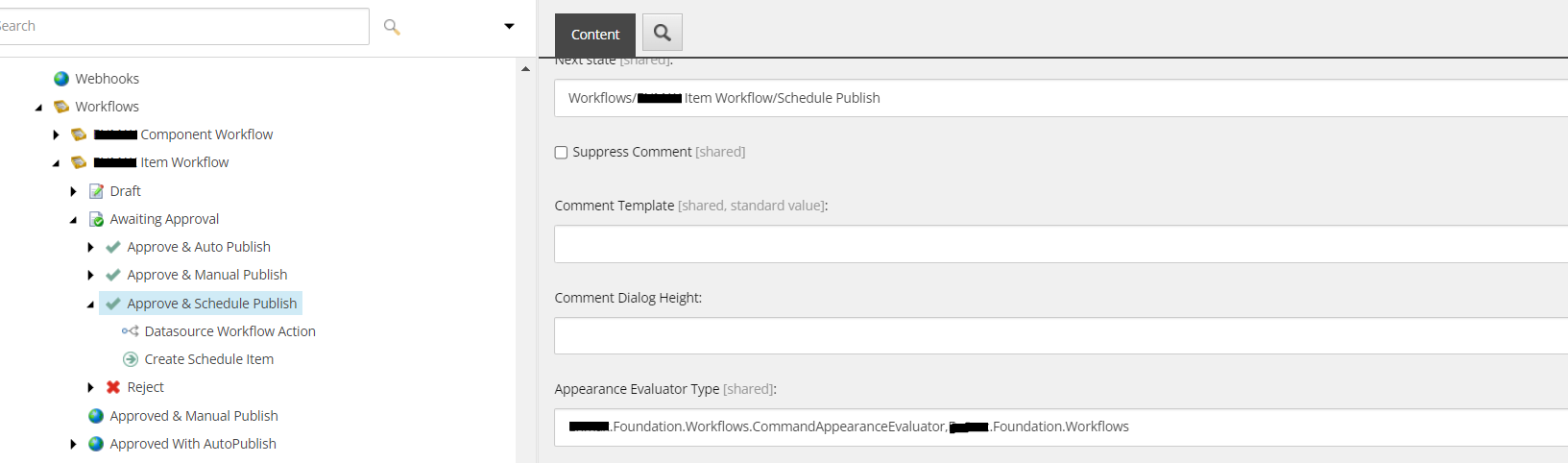 A screenshot detailing workflow configuration options for content publishing.