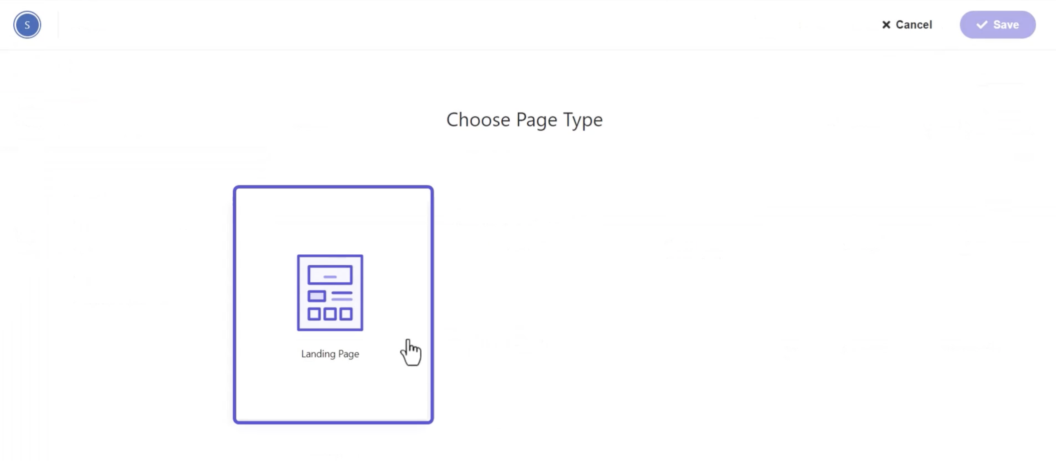  Interface for selecting a new page type, highlighting the option for a landing page.