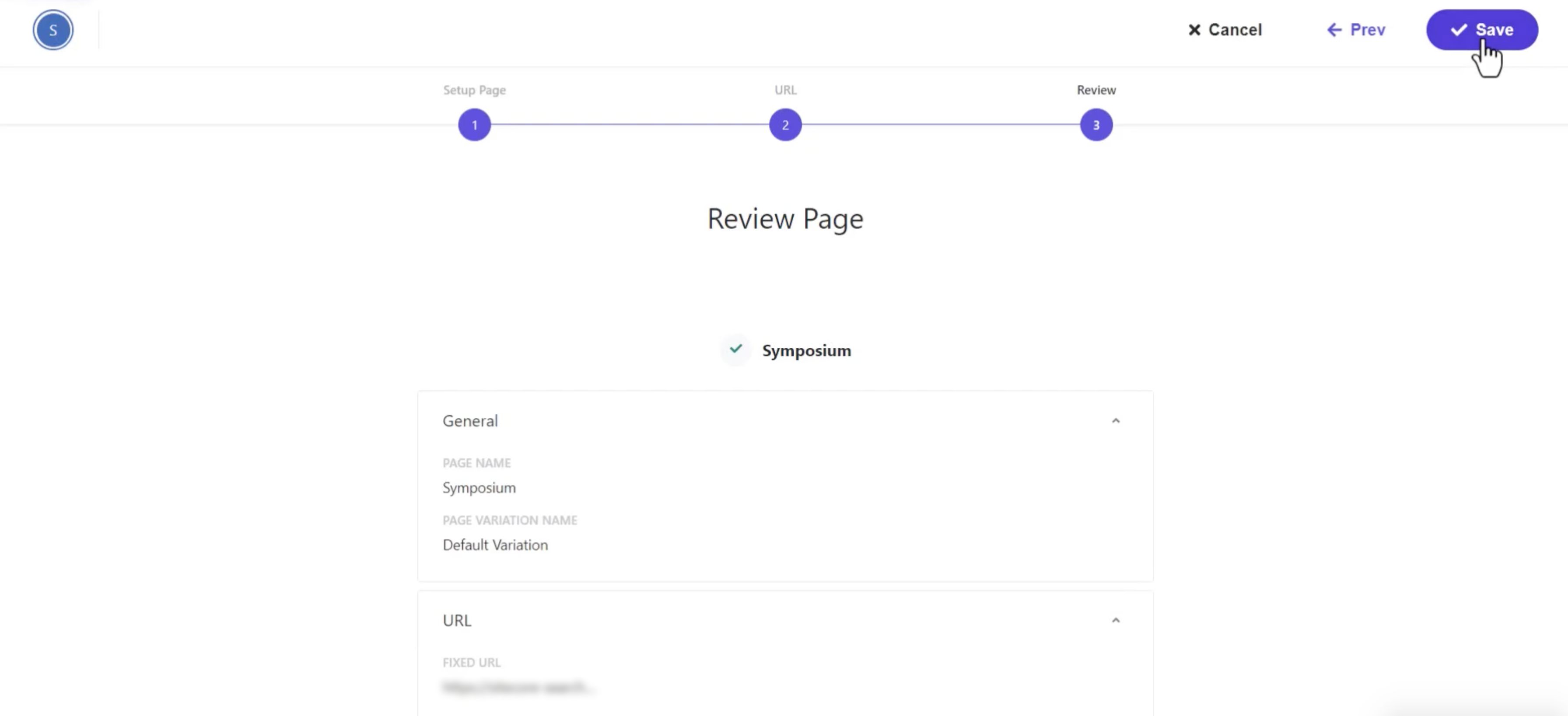 A review screen showing the general settings of a web page named Symposium.