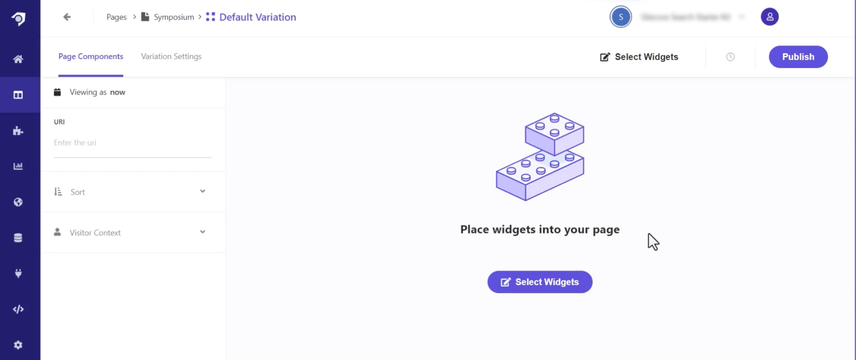 Interface for selecting and placing widgets onto a default page variation for customization.