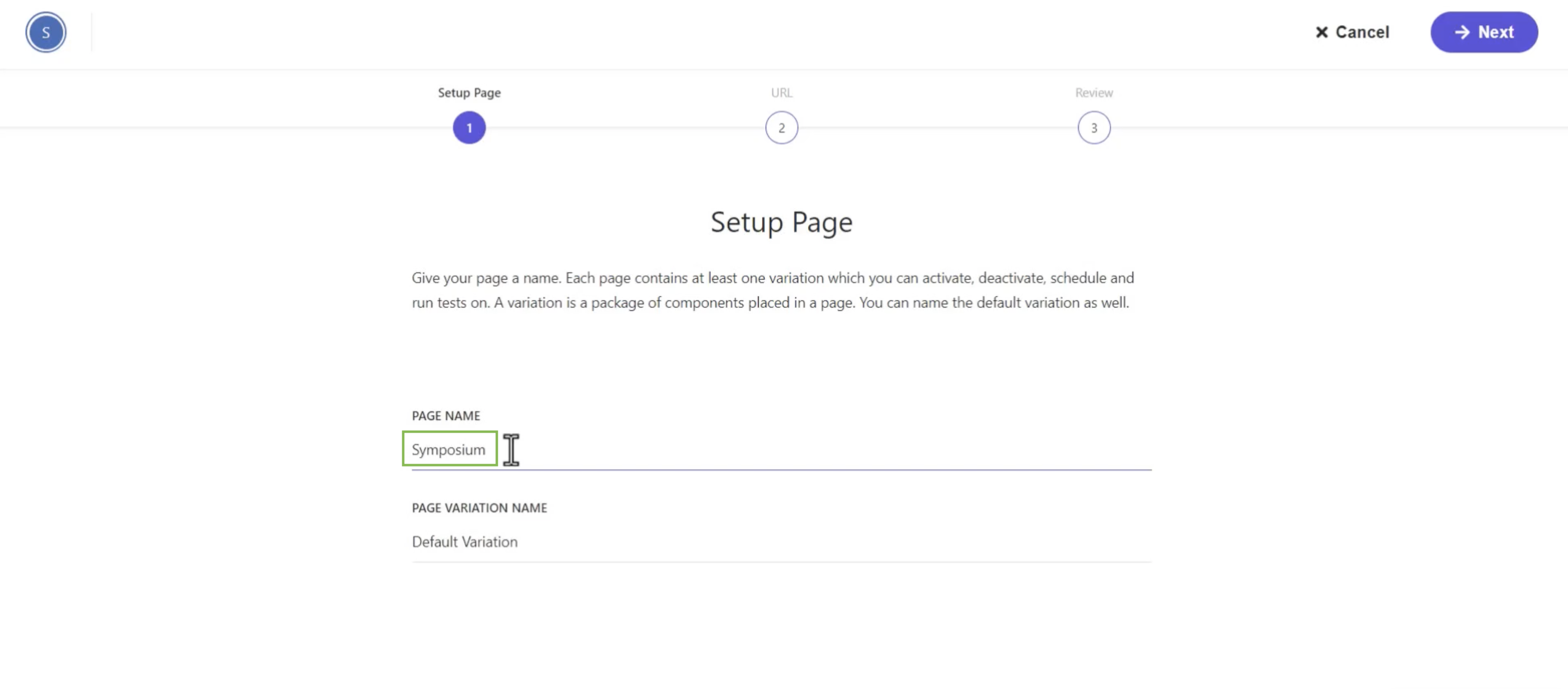 Setup interface for naming a new page "Symposium" and setting its default variation.