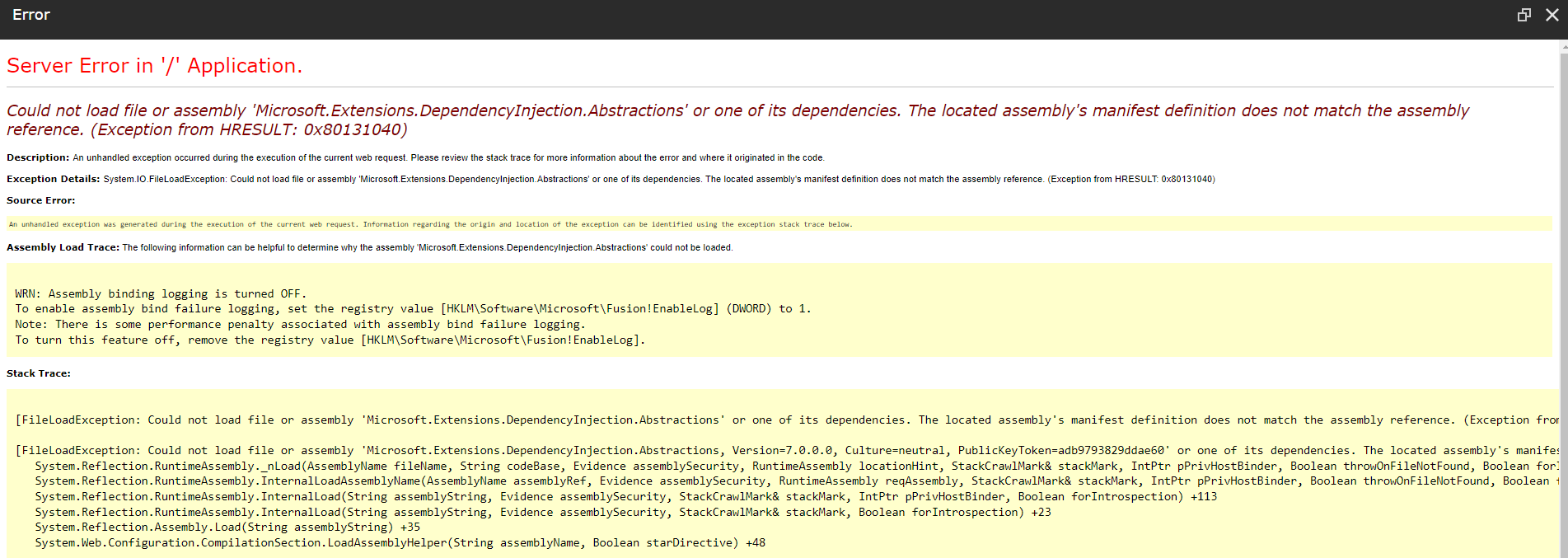 Screenshot showing server error related to assembly load failure in an application.