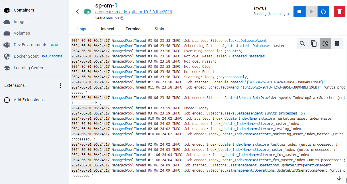 Log output from a Docker container showing various completed tasks and job statuses.