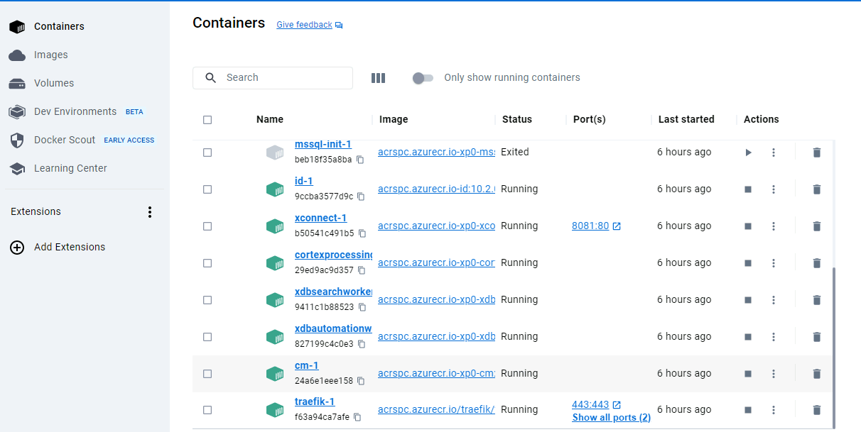 Overview of Docker containers showing names, statuses, and ports in a Docker Desktop environment.