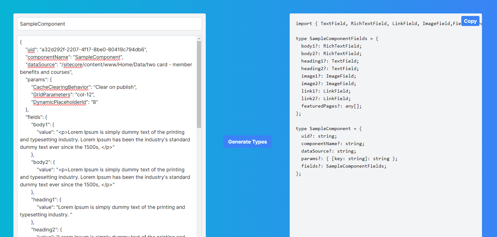 Screenshot displaying JSON data and TypeScript code generation side by side for a Sample Component.