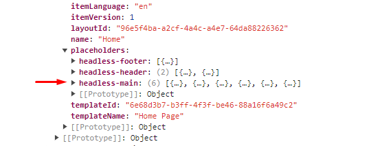 Browser console displaying hierarchical structure of Sitecore JSS component properties for a homepage.