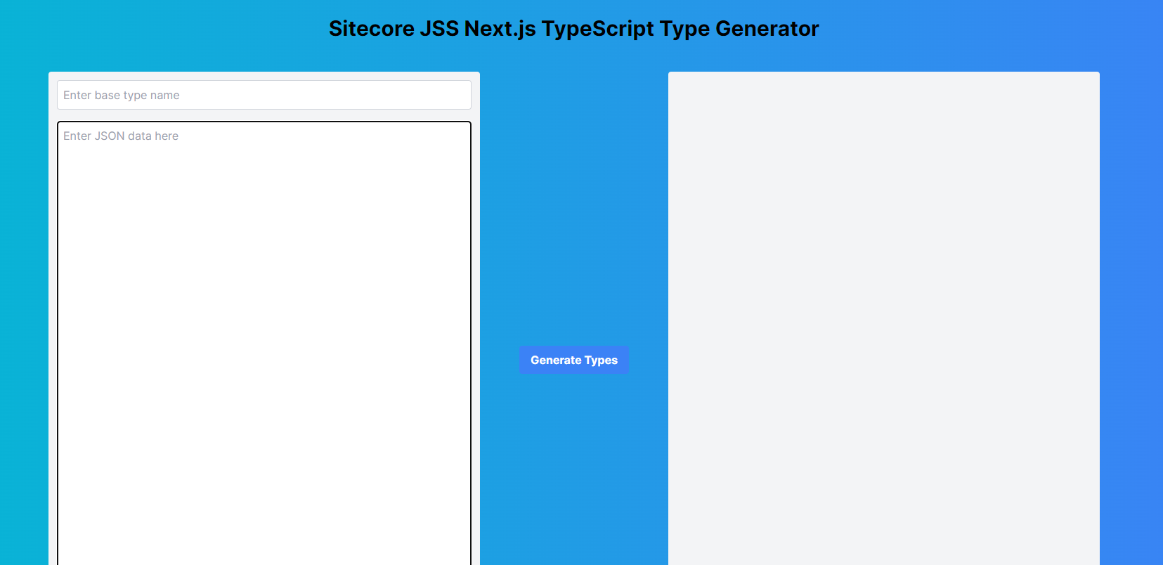 Interface of the Sitecore JSS Next.js TypeScript Type Generator tool with input fields for JSON data and a generate types button.