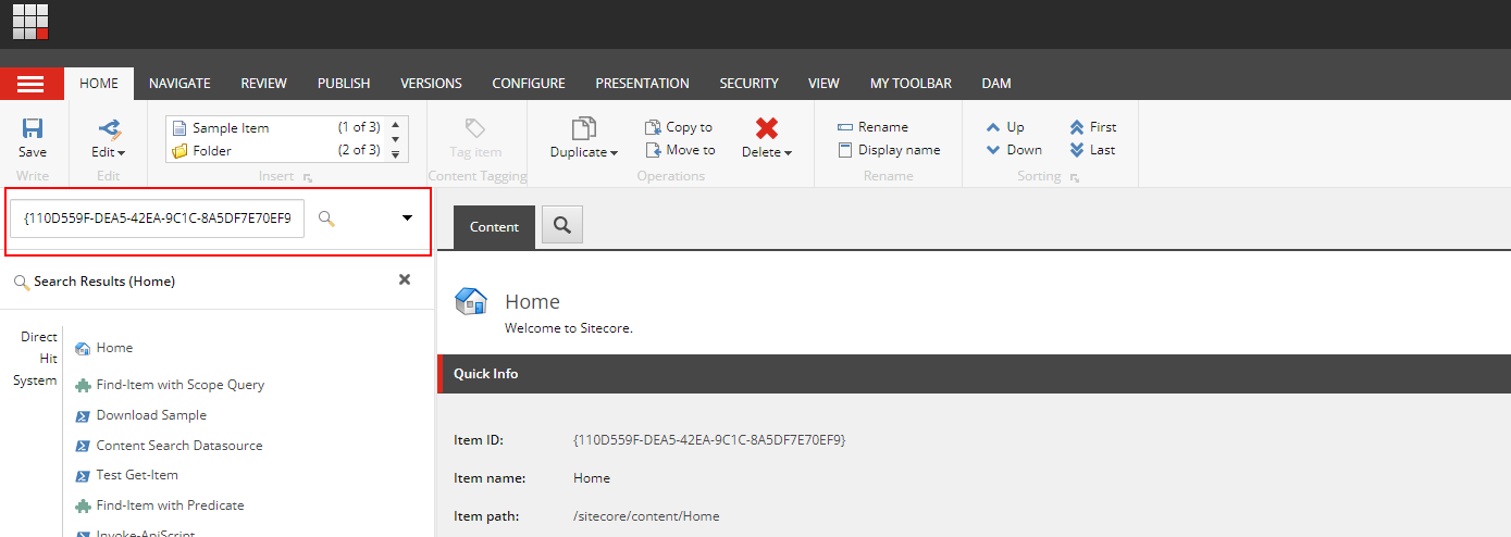 Screenshot of Sitecore Content Editor with highlighted item ID and quick info panel.