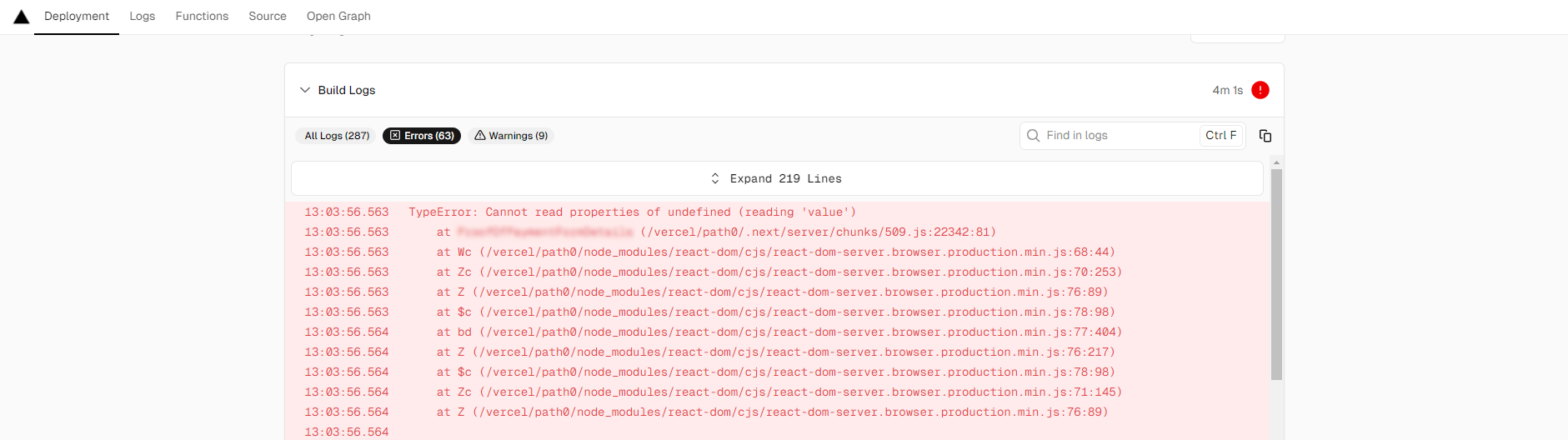 Detailed view of build logs displaying multiple errors in a Sitecore deployment process.