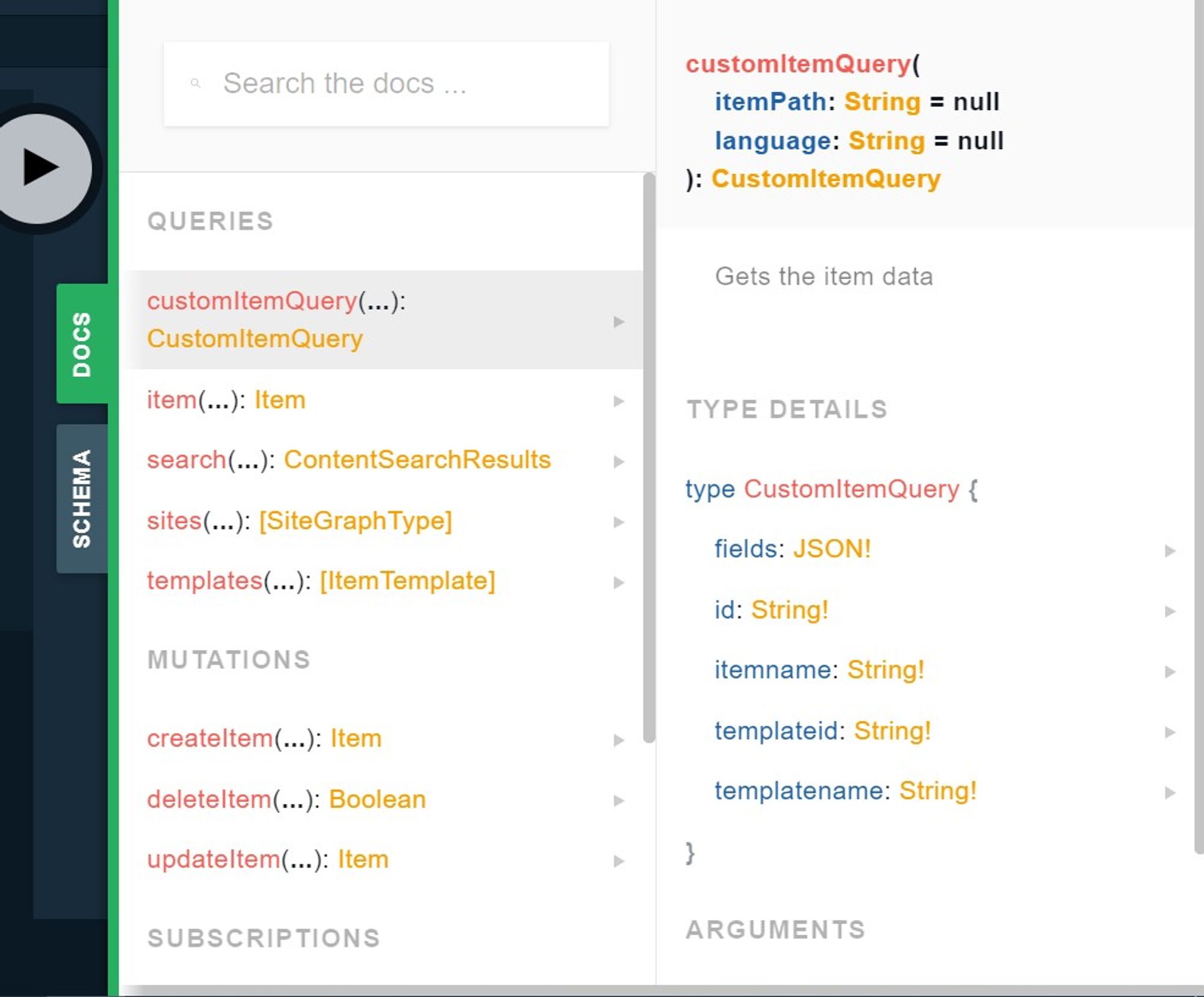 Screenshot of a GraphQL API documentation interface showing queries, mutations, and schema details.