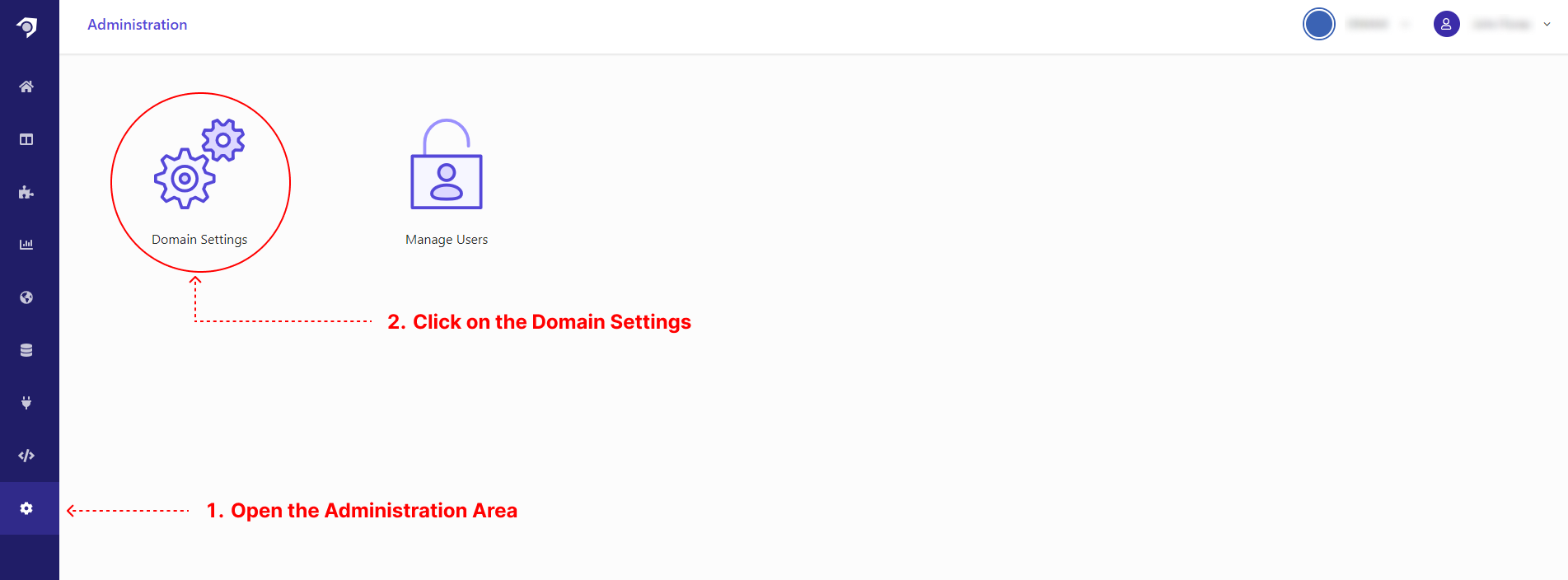 Screenshot highlighting the steps to access Domain Settings in an admin panel.