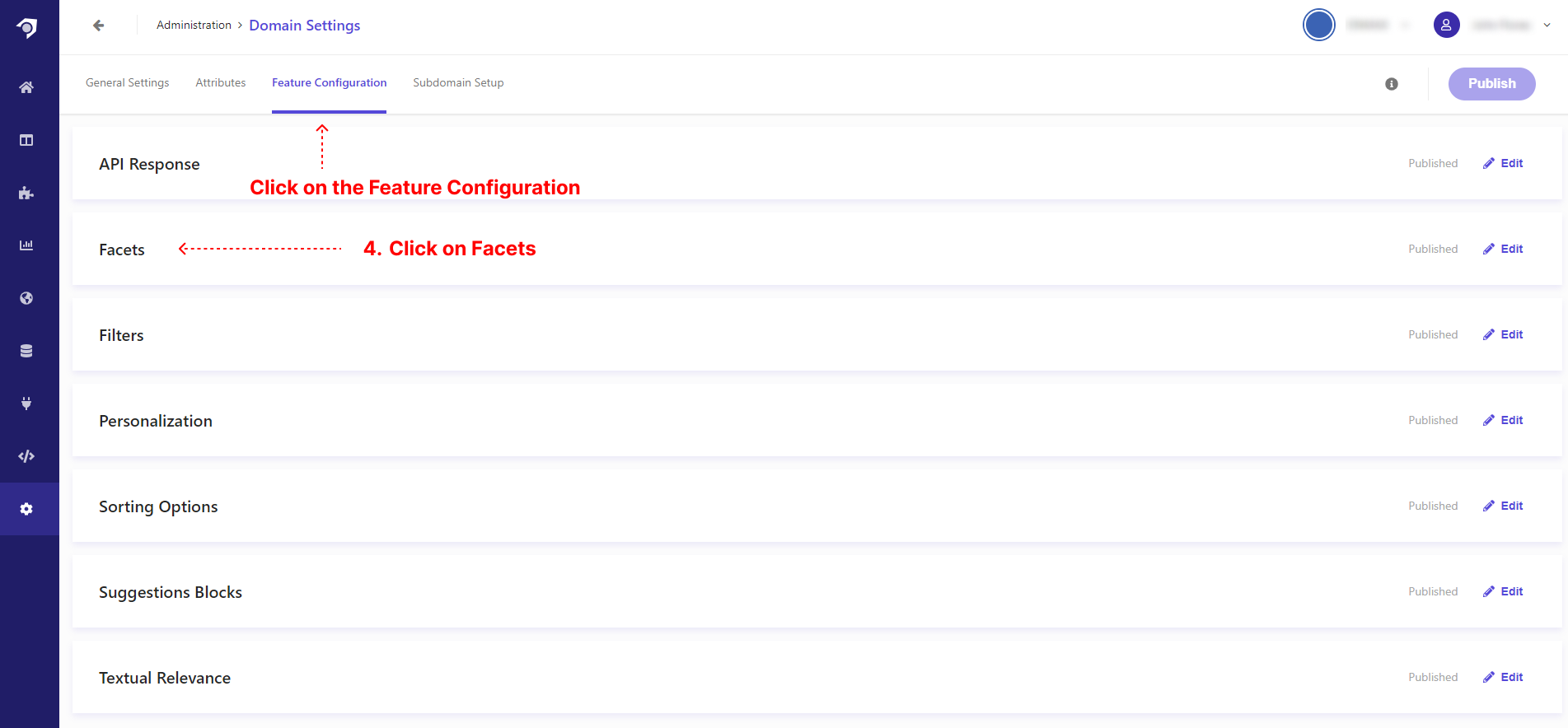 Screenshot of facet configuration options in a digital content settings interface.