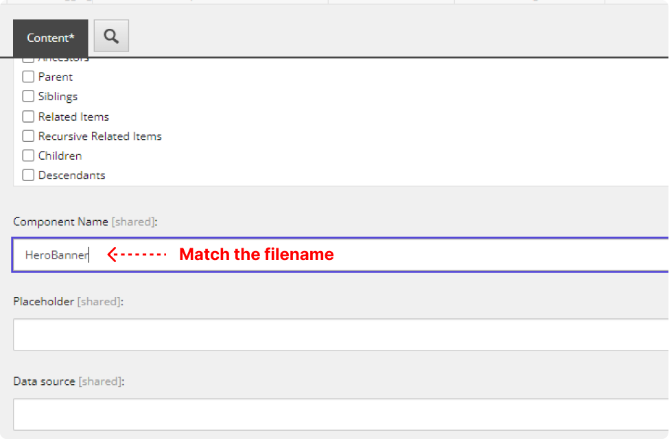 Screenshot of a Sitecore interface showing component name matching with filename.