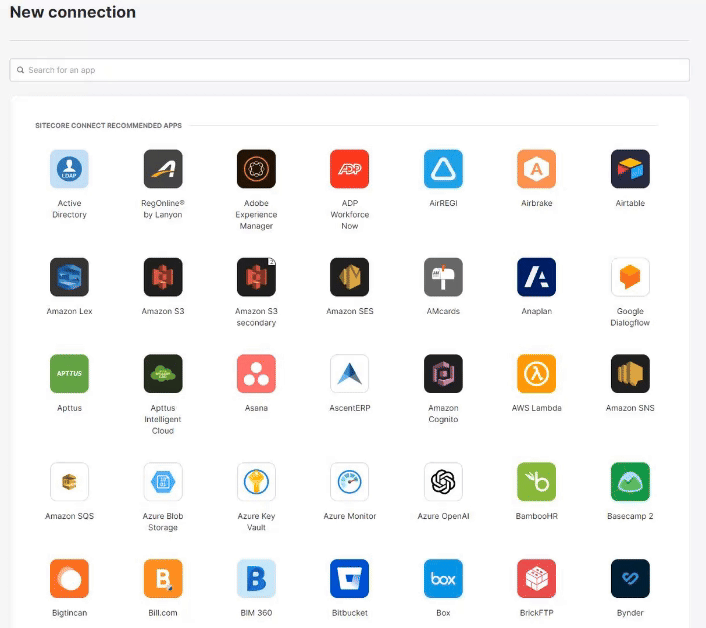 List of available apps for new connection setup