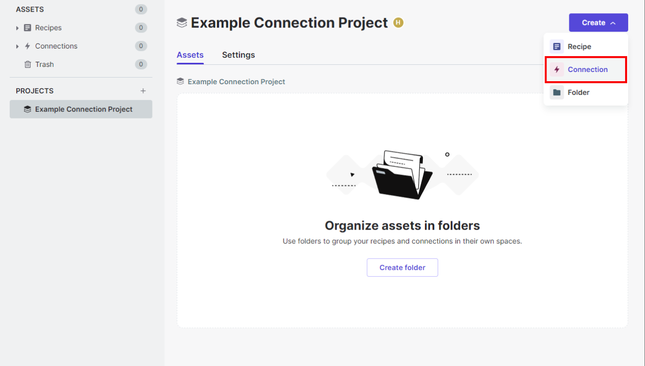 Project organization screen with create connection option