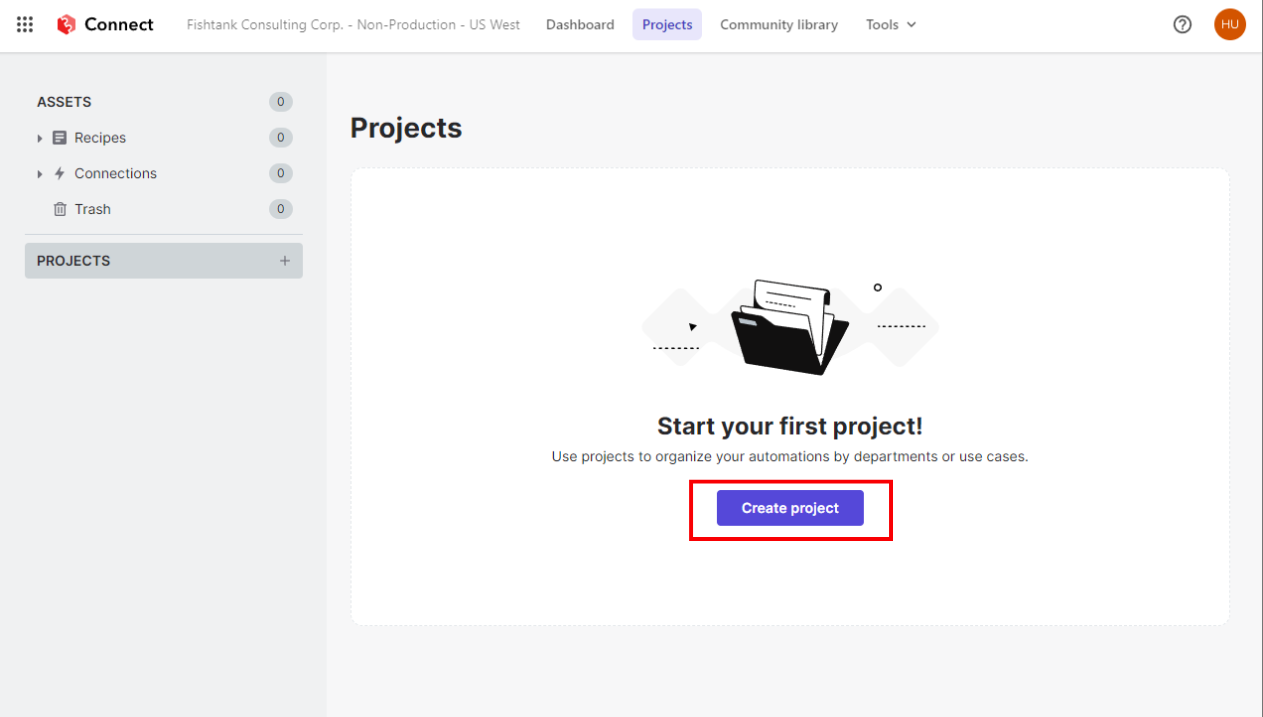 Projects dashboard with option to create a new project