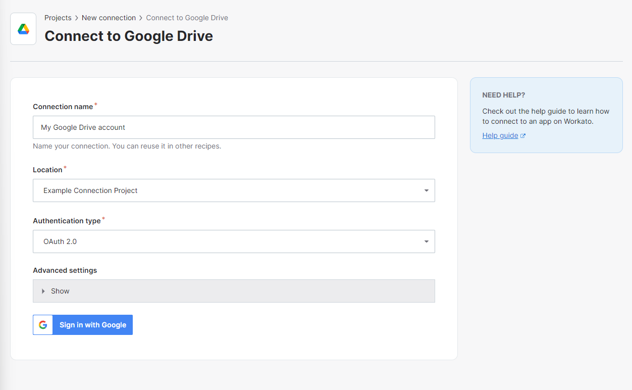 Google Drive connection setup form