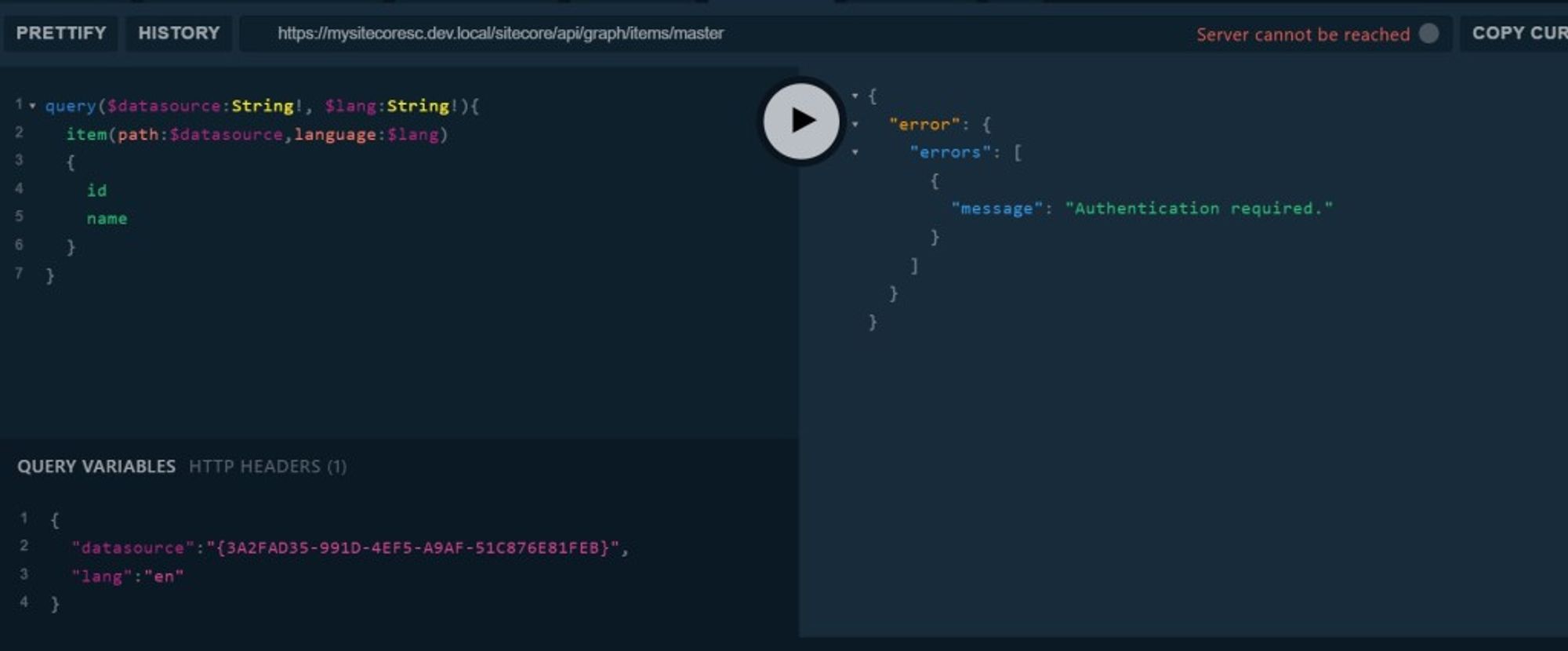 Screen showing successful execution of a GraphQL query with item details displayed.