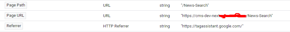 Screenshot showing URL and HTTP referrer fields in Google Tag Assistant.