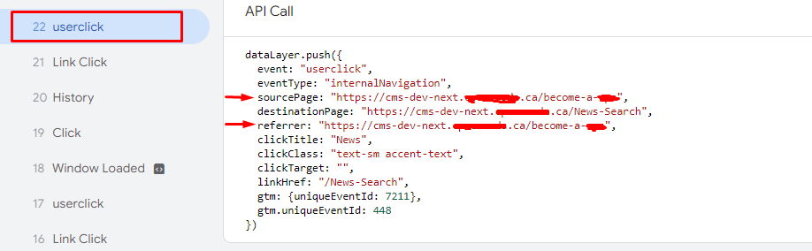 Screenshot showing data on user clicks for internal navigation, including source and destination pages.