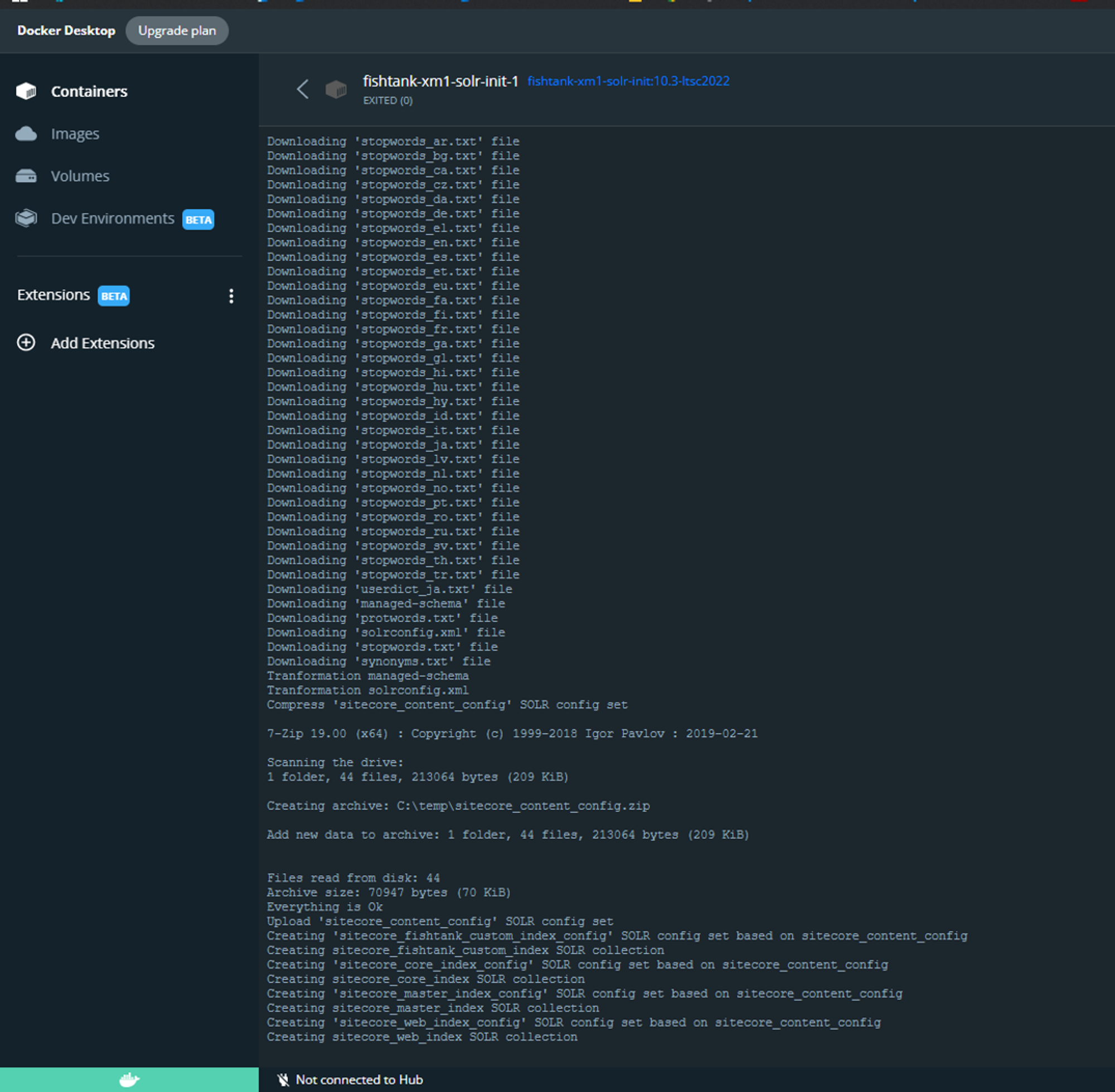 Docker Desktop interface displaying logs for a running Solr initialization script.