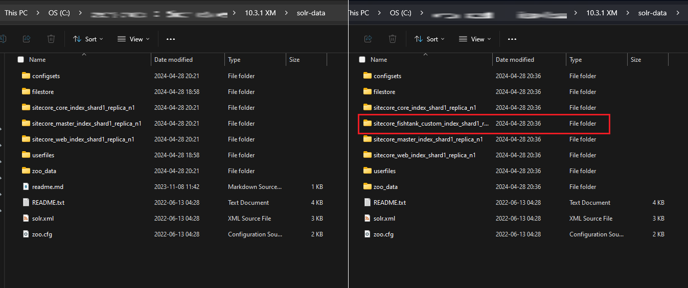 Two panels of Windows Explorer showing folders related to different Solr indexes.