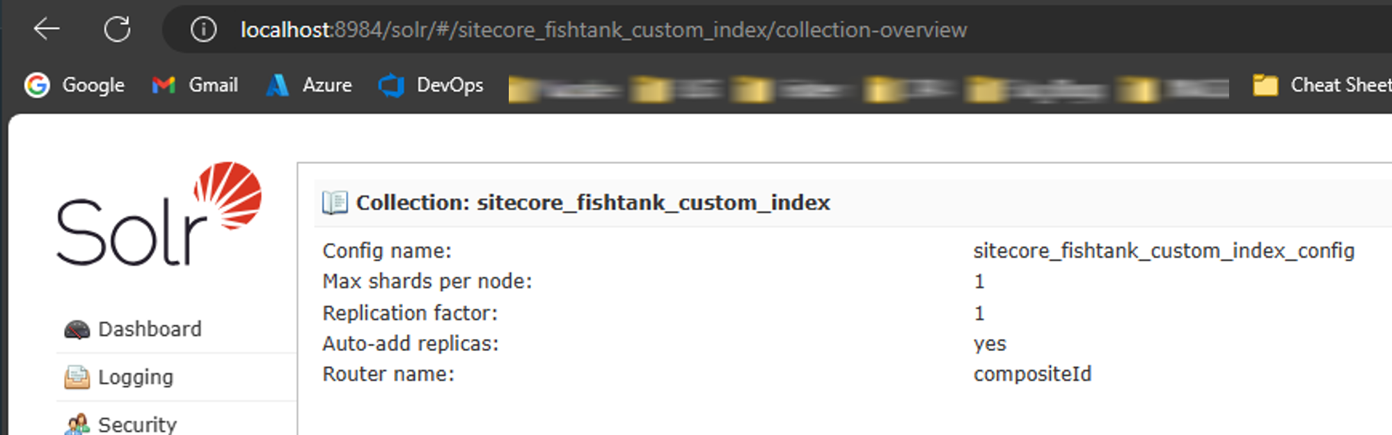 Screenshot showing the Solr Dashboard with details of the sitecore_fishtank_custom_index collection.