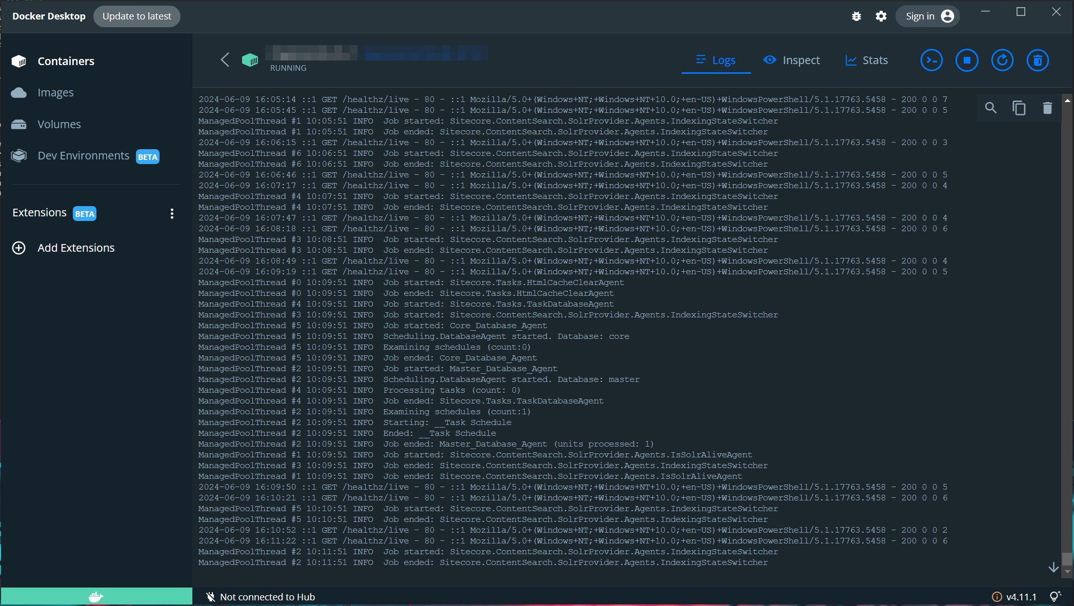 Docker Desktop UI showing logs of Sitecore tasks and jobs including health checks and indexing operations