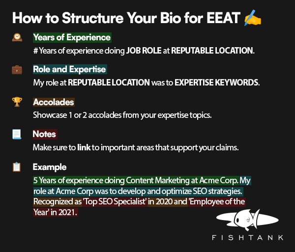 Infographic explaining how to structure a bio for Expertise, Authoritativeness, and Trustworthiness with example sections.