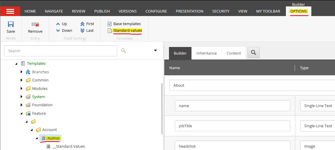 Sitecore CMS showing the author template with standard values in the templates section.