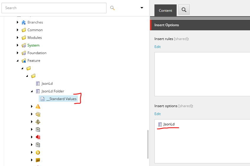 Sitecore structure showing JSON-LD standard values setup in the template management.