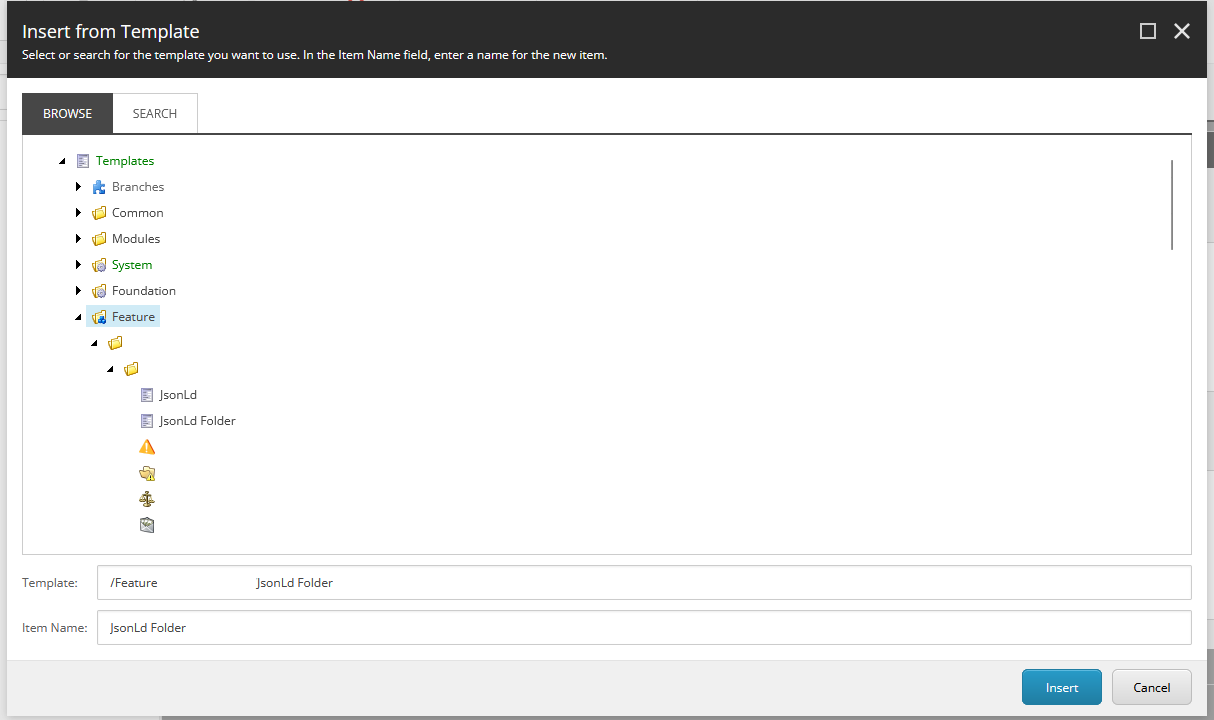 Sitecore dialog box for inserting a new item from the JSON-LD template.