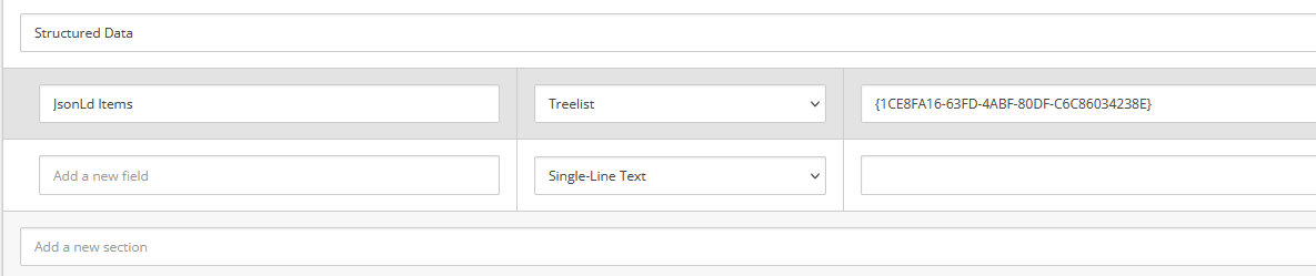 Sitecore interface showing fields for structured data configuration with JSON-LD items.