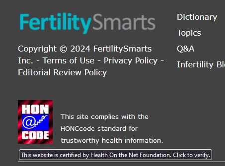 Footer of FertilitySmarts website displaying copyright, privacy policy, and HONcode certification.