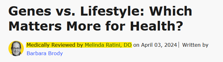 Header of an article titled 'Genes vs. Lifestyle: Which Matters More for Health?' reviewed by Melinda Ratini, DO.