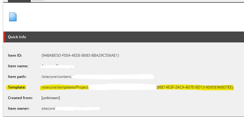 Details of a Sitecore project template showing item ID and path.