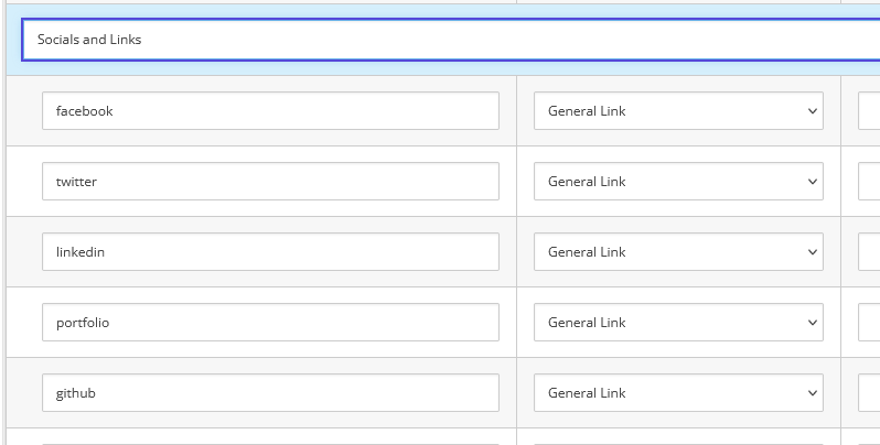 Configuration of social media and portfolio links in Sitecore's content management system.