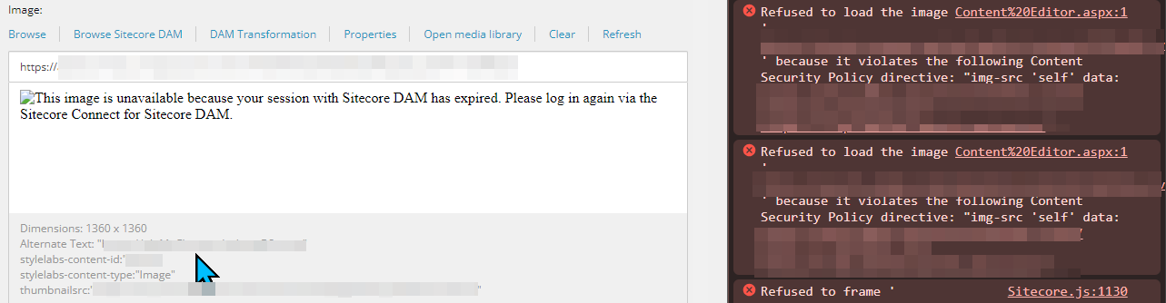 Error message stating image is unavailable in Sitecore DAM due to session timeout.