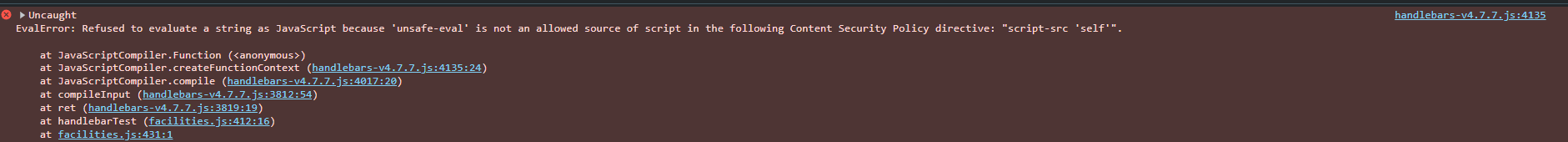 Error message showing eval is not allowed due to content security policy