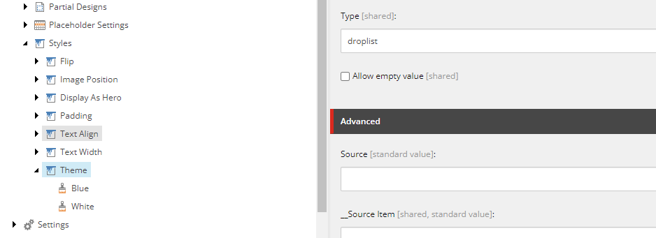 A screenshot in Sitecore XM Cloud showing the new "Theme" value under styles 