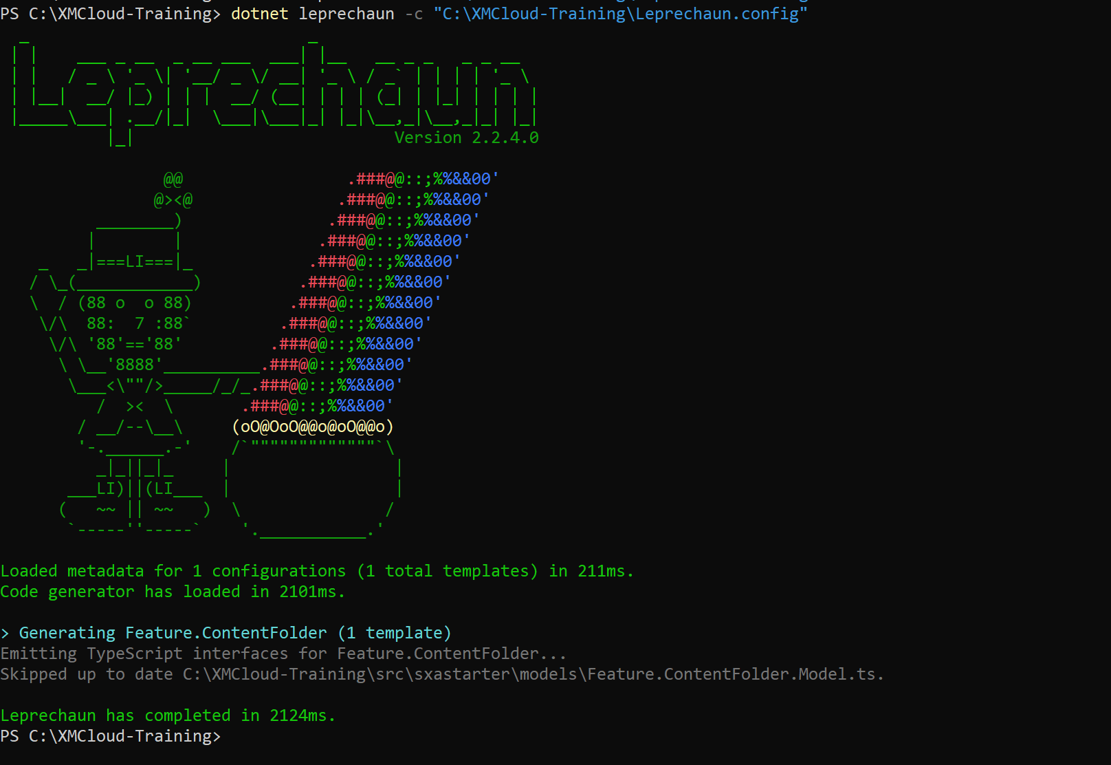 Terminal view of Leprechaun generating models with complete process details.