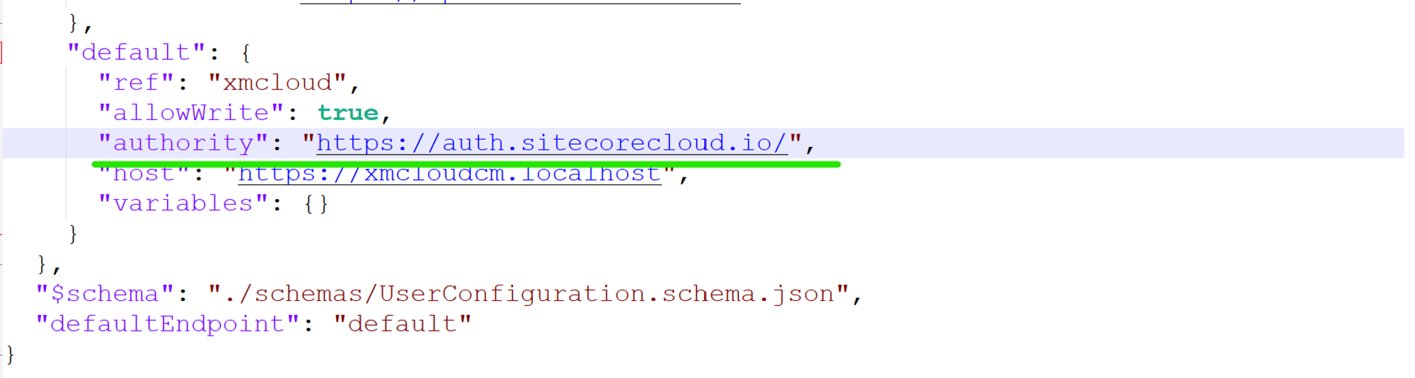 JSON snippet highlighting the 'authority' property set to the XM Cloud endpoint.