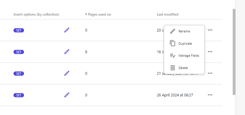 Screenshot displaying the interface for modifying data templates with options for set insertions and page usages.