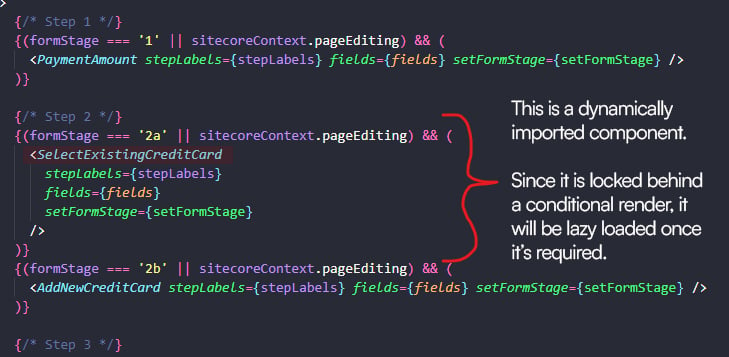 Code snippet showing conditional rendering of dynamic components in Sitecore JSS with text saying "this is a dynamically imported component. Since it is locked behind a conditional render, it will be lazy loaded once it's required"