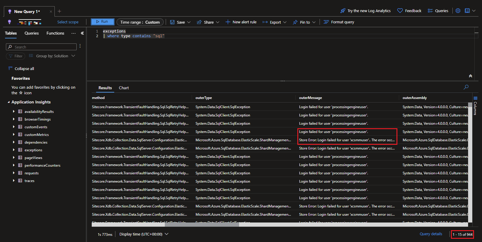 Screenshot of Application Insights showing frequent login errors