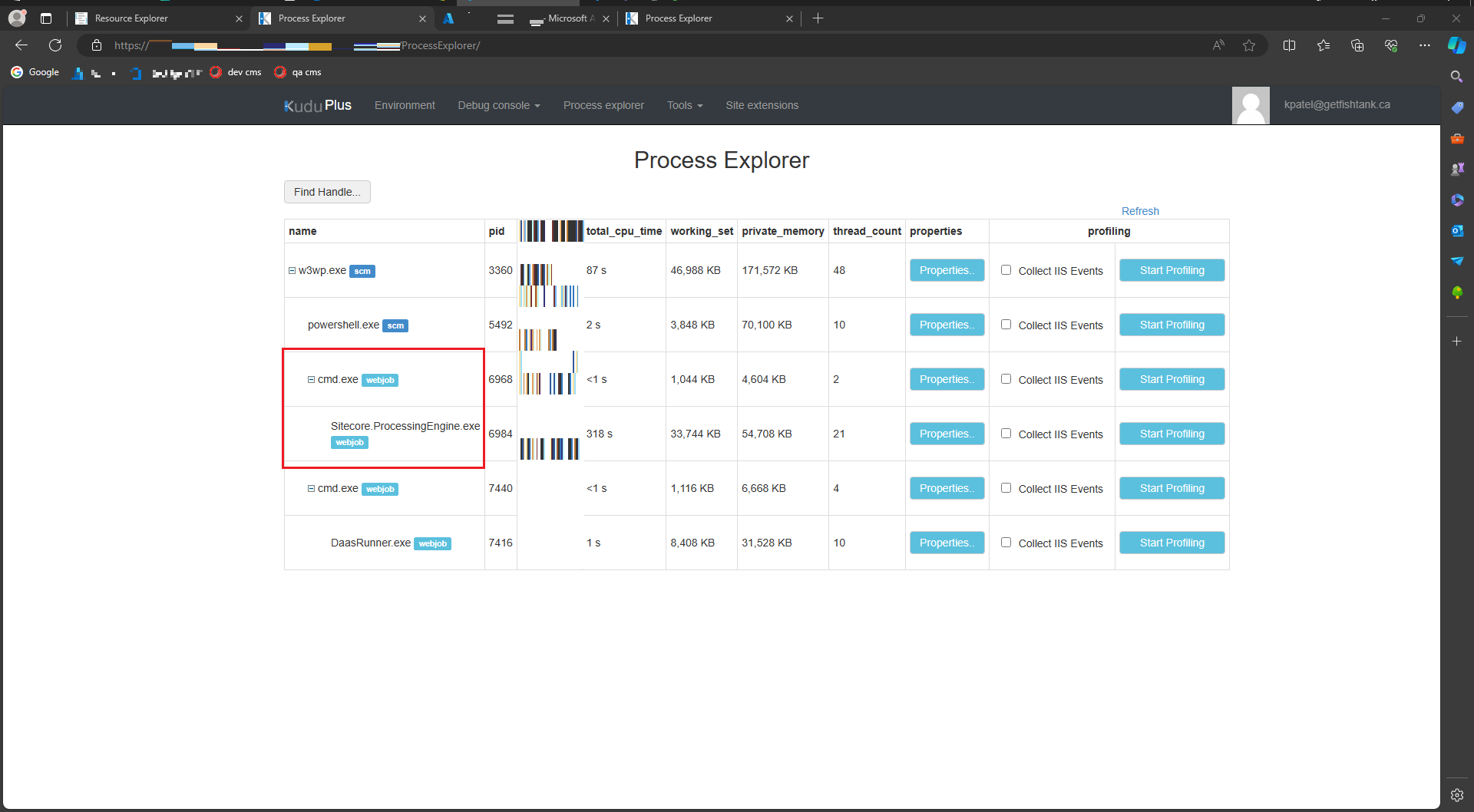 Display of active processes in Kudu Process Explorer with focus on Sitecore Processing Engine