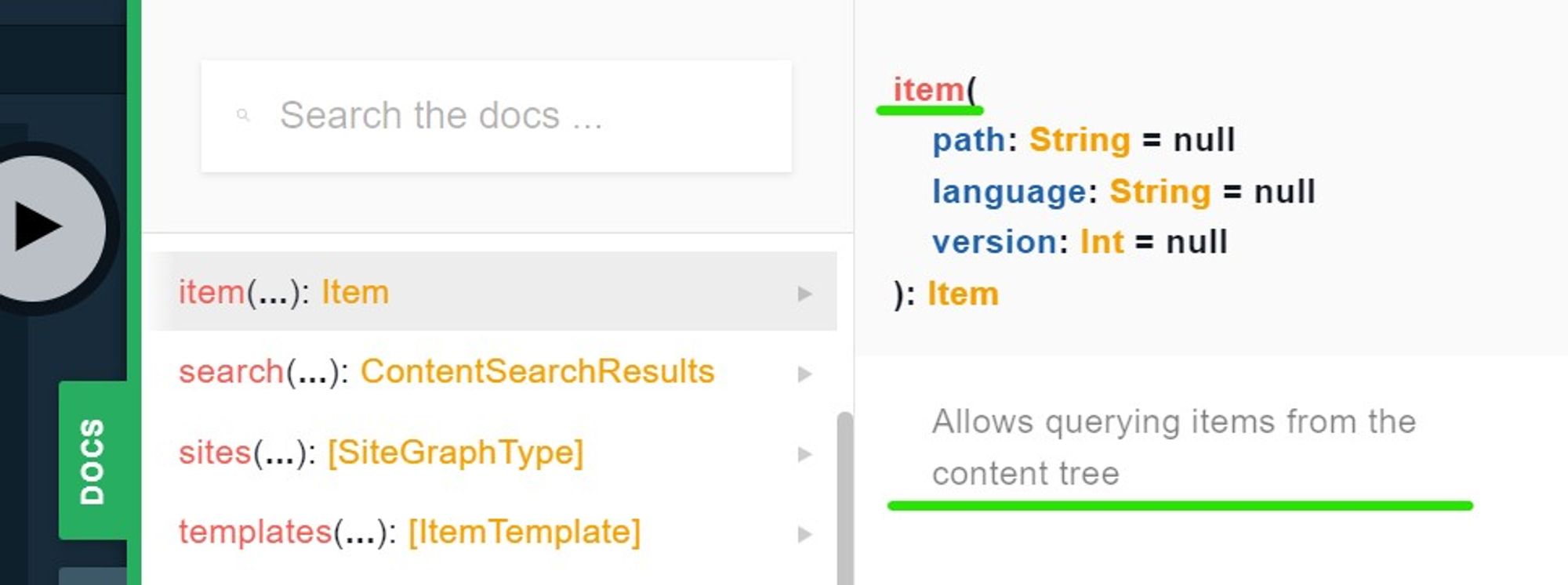 Screenshot of a software development documentation page showing functions for querying items in a content tree.