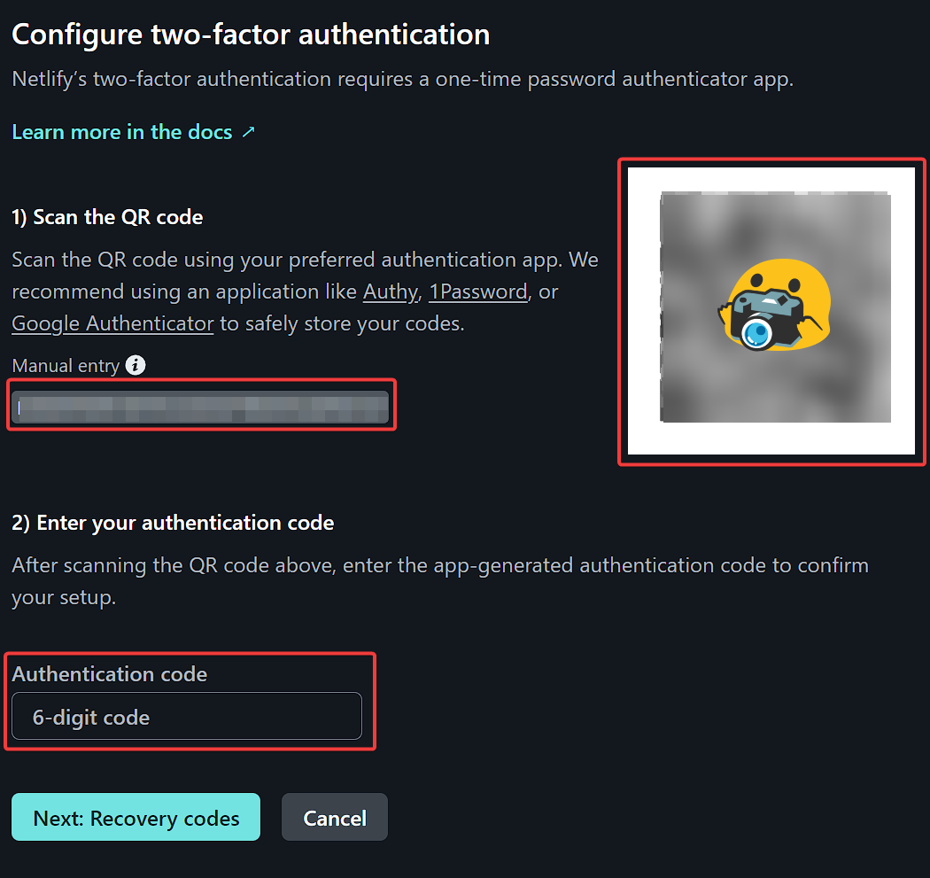 Navigation to two-factor authentication settings in Netlify profile security.