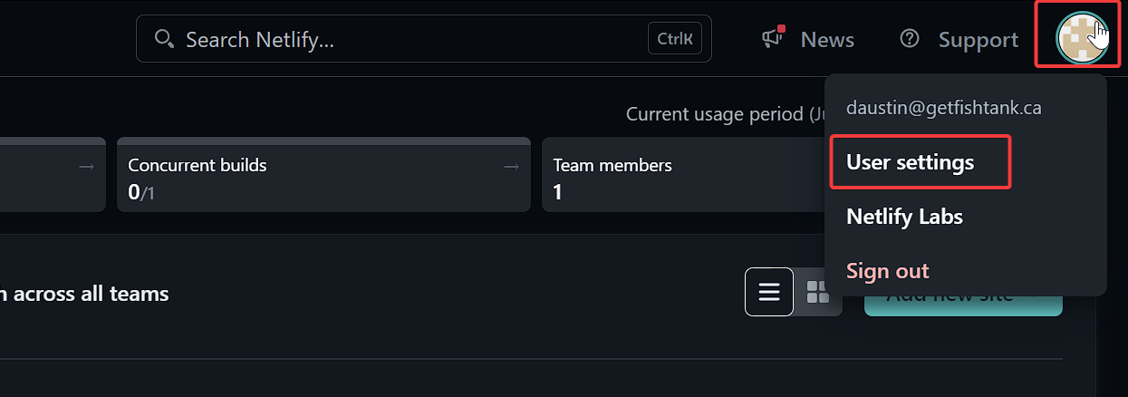 User hovering over profile icon and selecting user settings in Netlify.