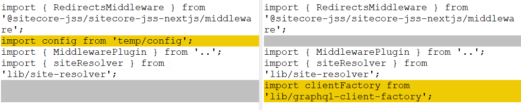 Code snippet of middleware configuration in Sitecore JSS with highlighted changes.